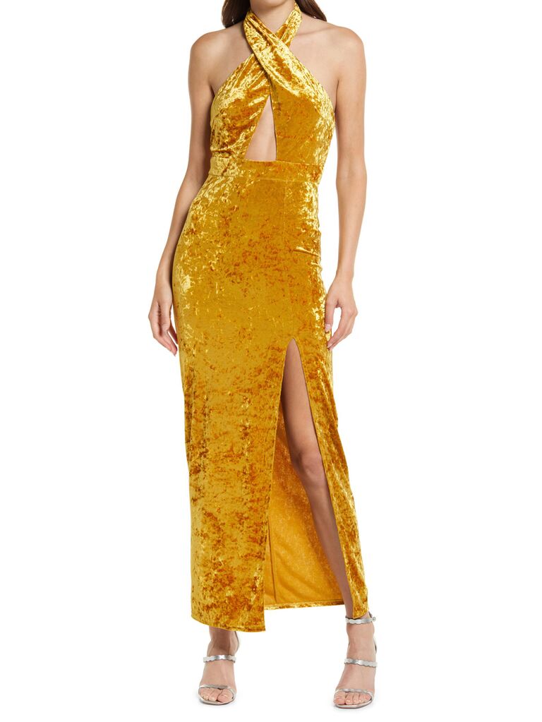 nordstrom lulus vàng nhung khách mời đám cưới áo dài với dây cổ áo và cắt ngực