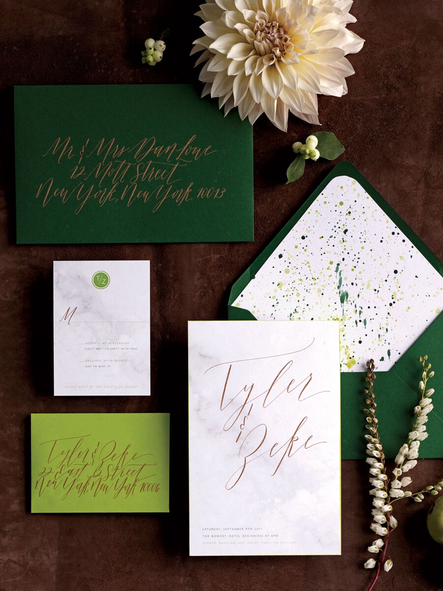 Invitaciones de boda verde oscuro Katie Fischer