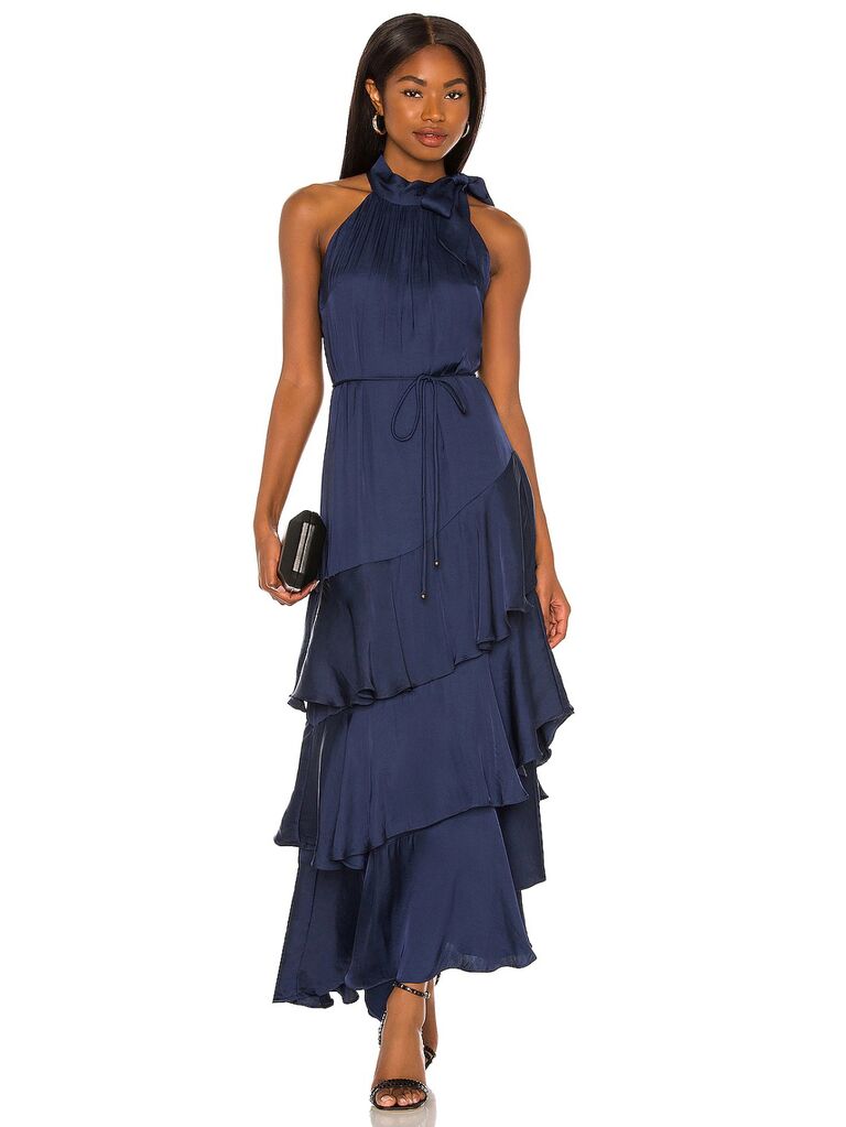 Revolve váy màu xanh nước biển elliatt với hai dây cổ váy xếp ly xếp tầng bồng bềnh và thắt eo cho buổi diễn tập phục vụ bữa tối cho khách ăn mặc