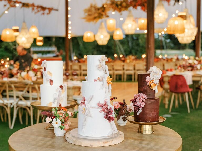 Trio of wedding cakes in shades of white and brown