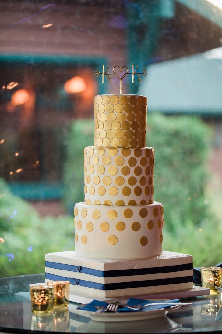 Gold Polka Dot Wedding Cake With Striped Square Base 