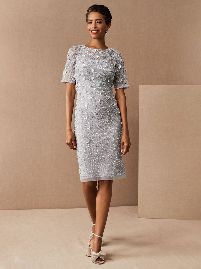 bhldn xám xanh pastel váy sheath cho khách dự đám cưới với tay ngắn và sequins