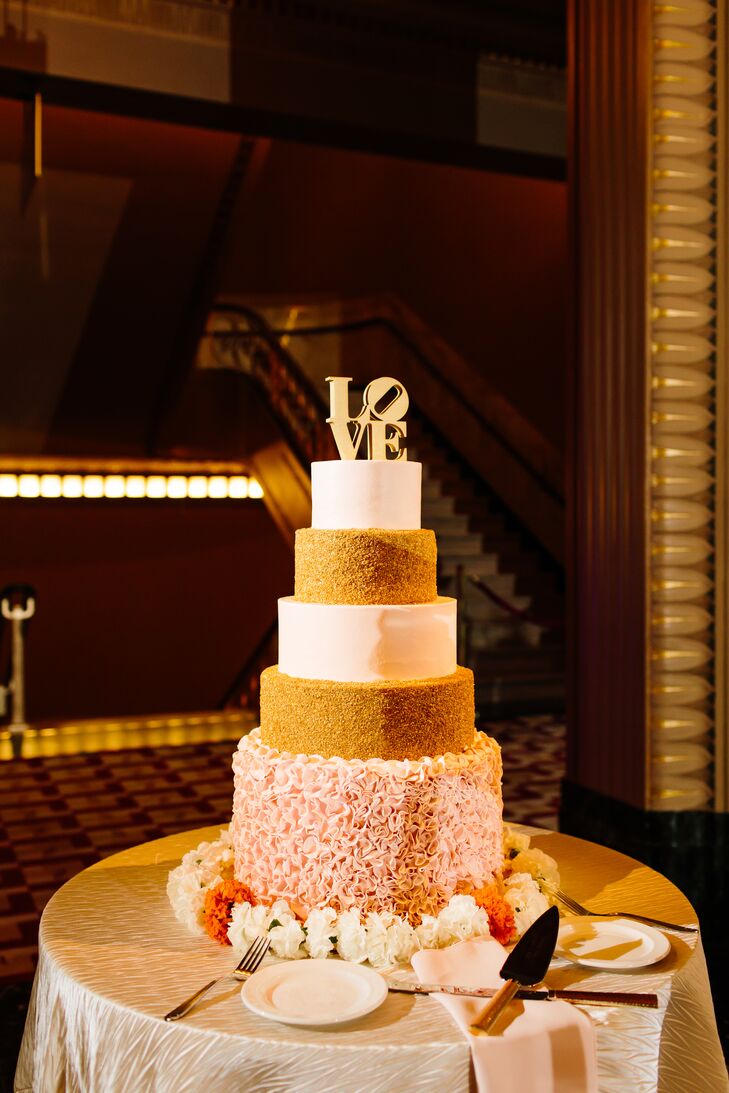 Glamorous Gold, White and Pink Tiered Cake with Gold Cake Topper