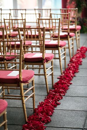 Red Table Linens with Gold Chiavari Chairs