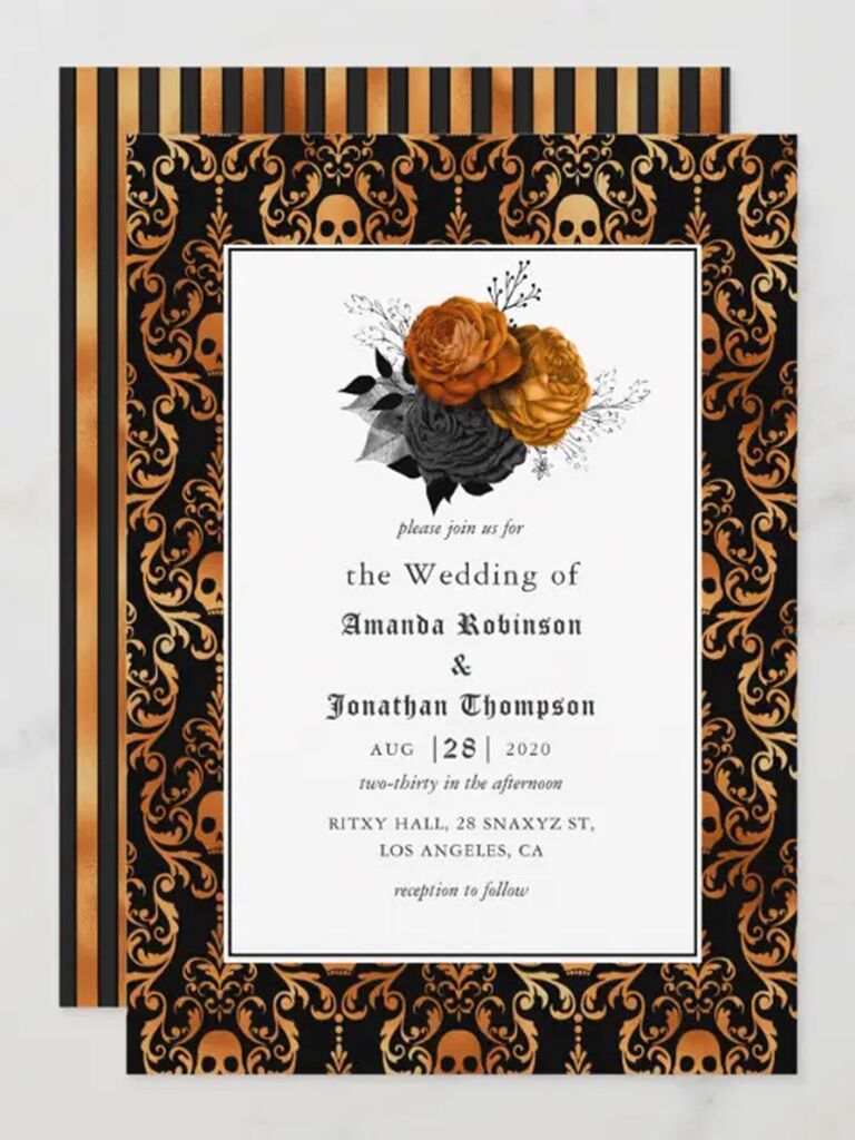 Orange and black skull background with white rectangle in center and orange roses above event details