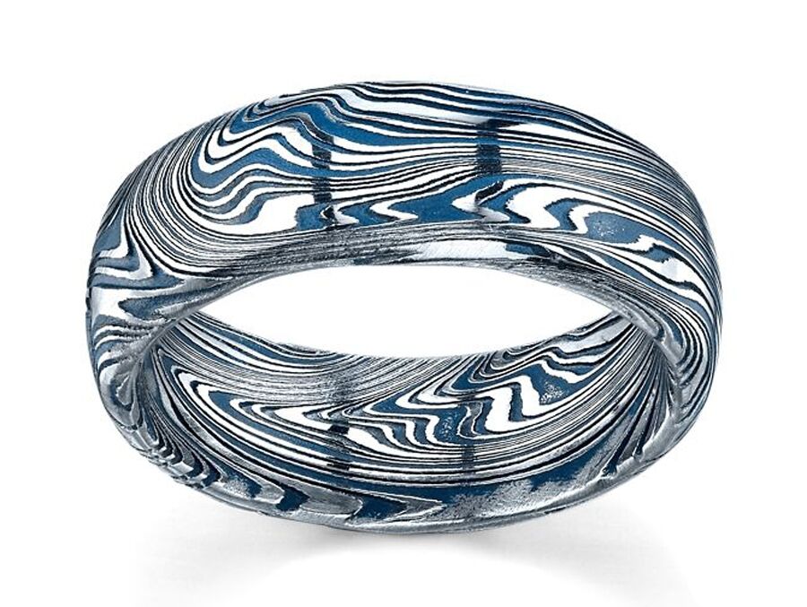 Lashbrook damascus steel wedding band with navy blue cerakote