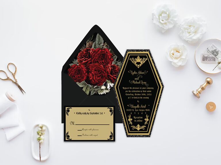 Coffin-shaped invite with rose design