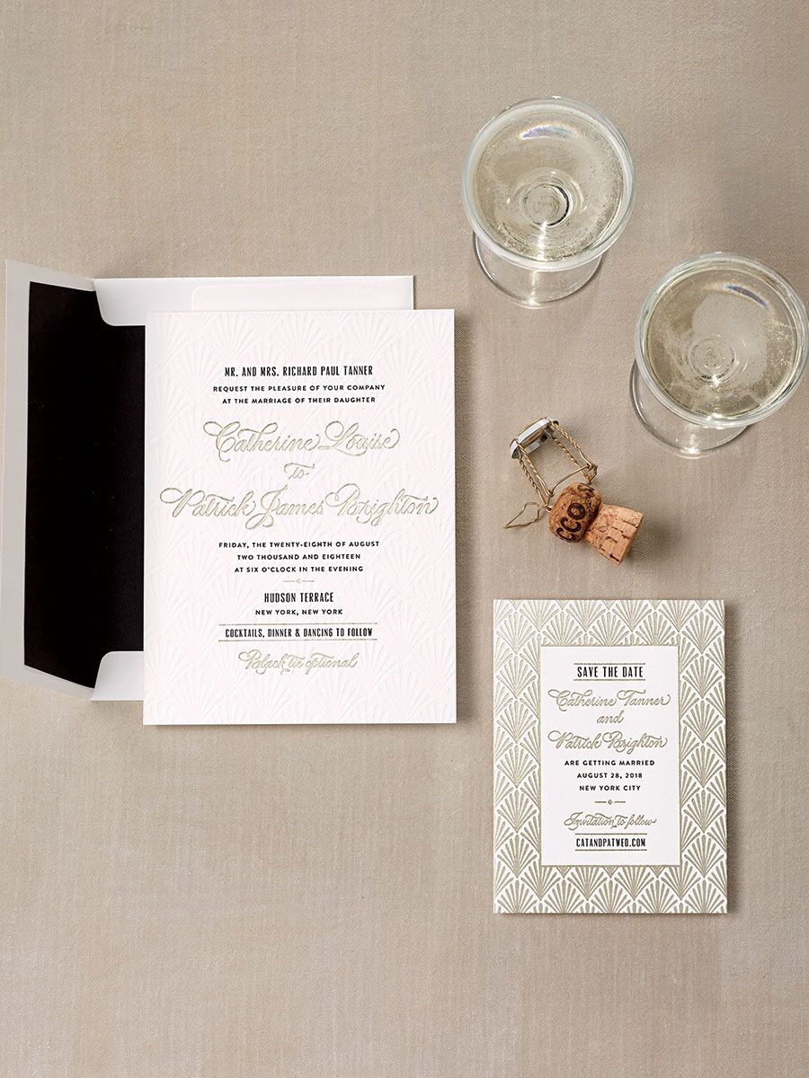 Suite de invitaciones de boda art deco en lámina de oro Bella Figura