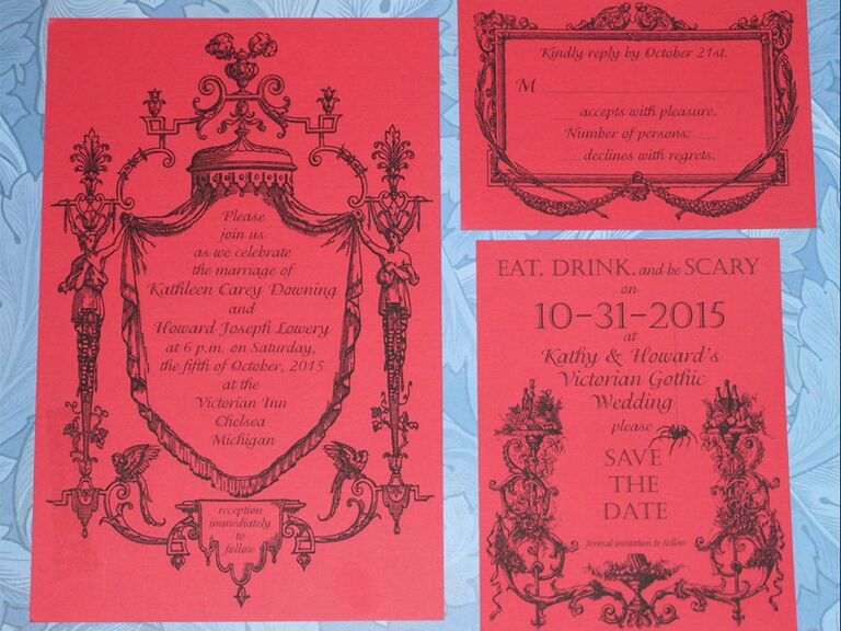 Victorian border and event details in black on red background