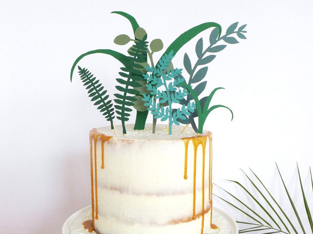 Tropical greenery wedding cake topper