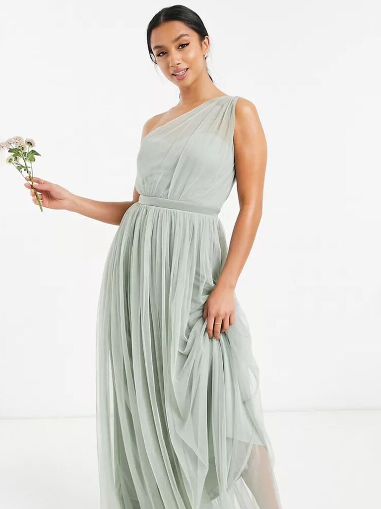 asos sage một vai trên bãi biển đám cưới phù dâu váy maxi bằng vải tuyn