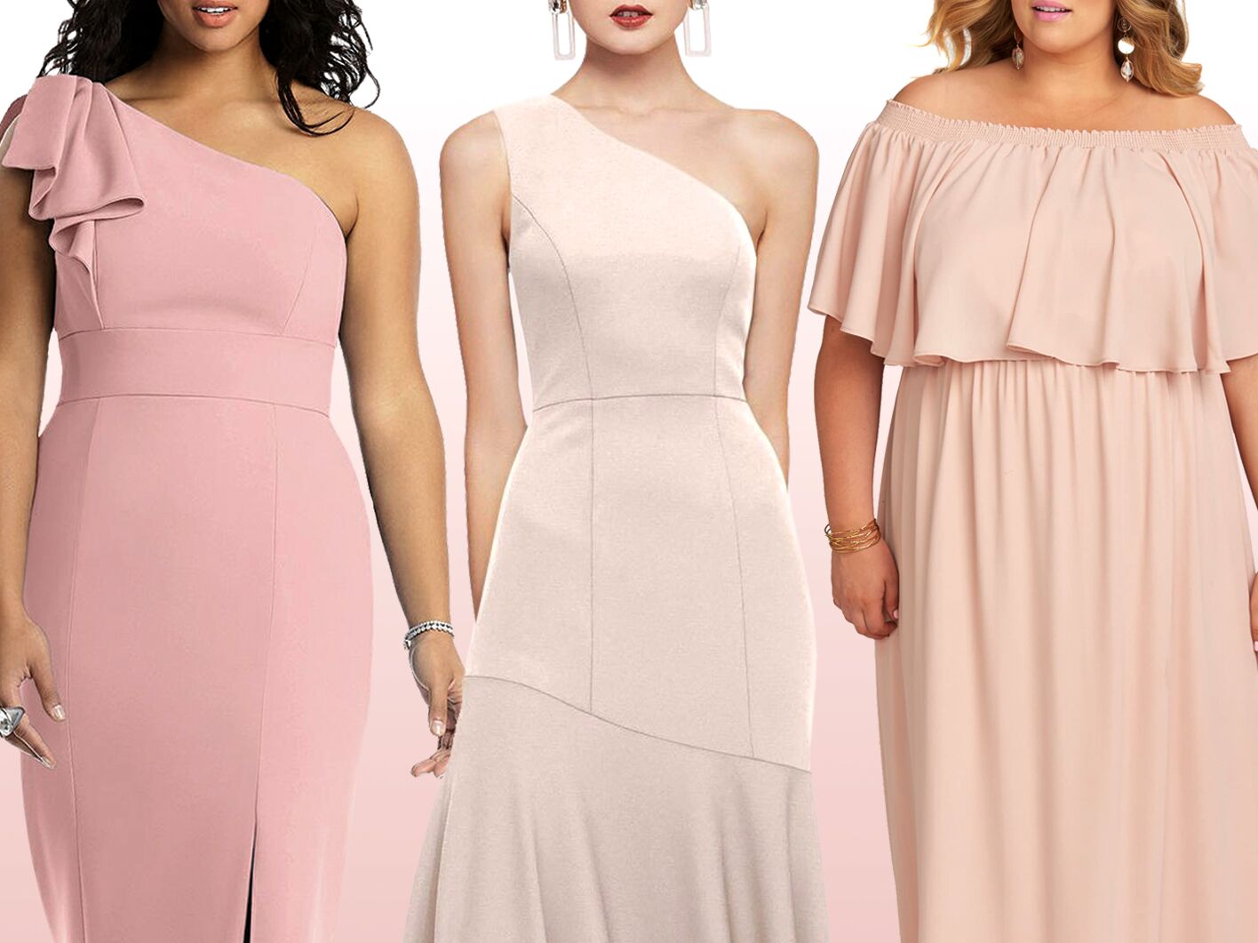 blush off the shoulder bridesmaid dress