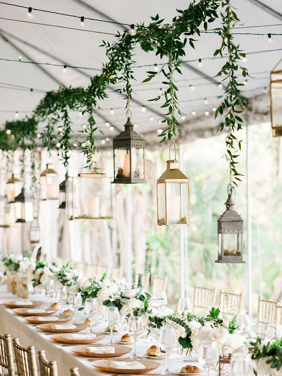 Outdoor hanging lanterns for rustic wedding