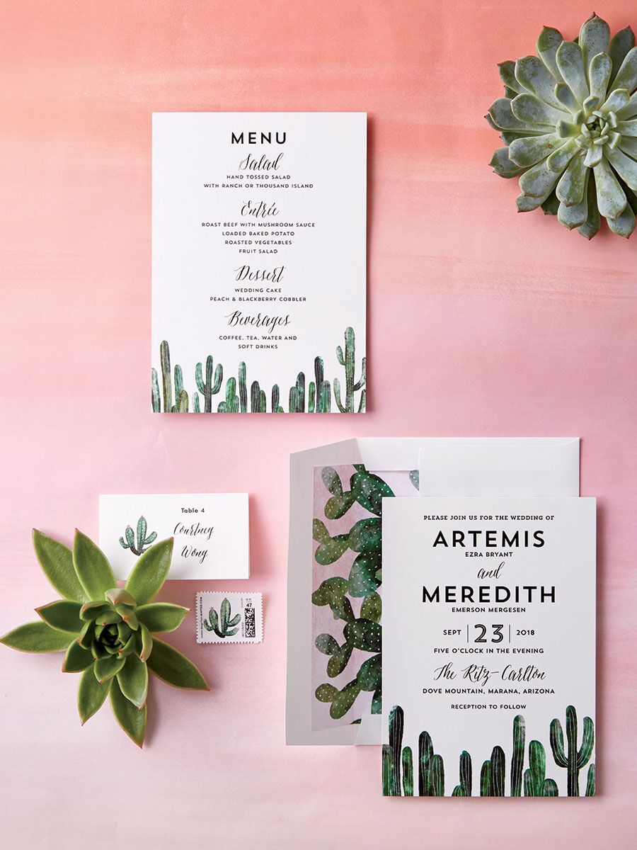 Serie de invitaciones de boda ilustrada con cactus del suroeste