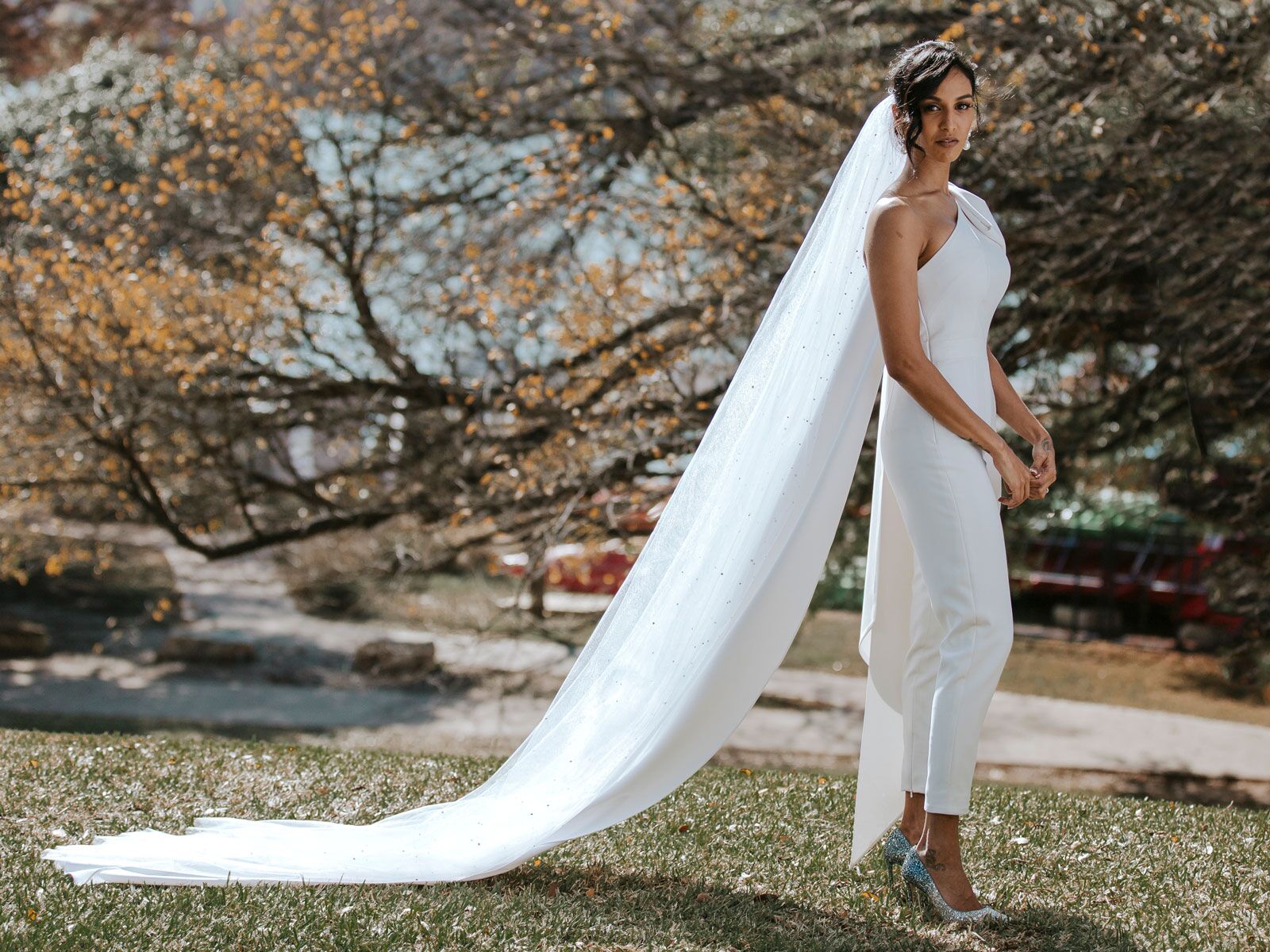 caped jumpsuit wedding