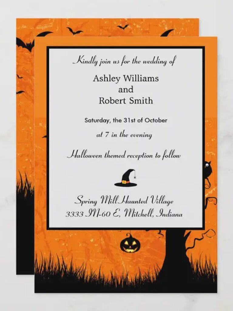 Spooky tree and jack-o-lantern background in orange and black with event details in minimalist white rectangle